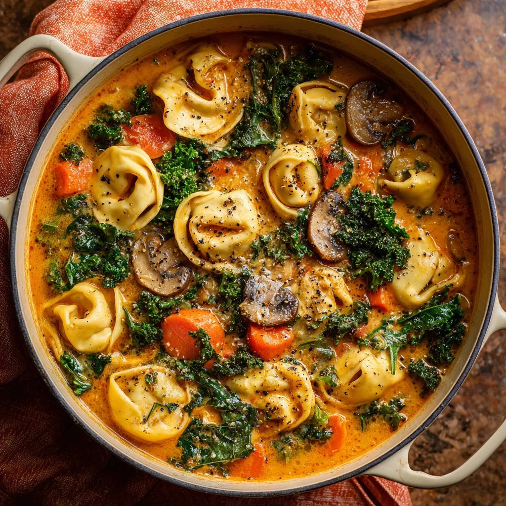 Cremige Tortellini Suppe Mit Gruenkohl Draufsicht 1 Cremige Tortellini-Suppe mit Grünkohl und Pilzen in einer Kochtopf-Draufsicht, angerichtet mit frischem Grünkohl und Karotten.