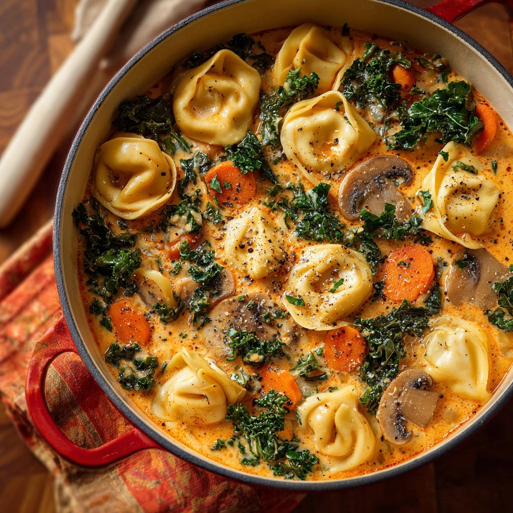 Cremige Tortellini-Suppe mit Grünkohl und Pilzen: Eine köstliche Draufsicht auf die cremige Suppe, garniert mit frischem Grünkohl und Pilzen.