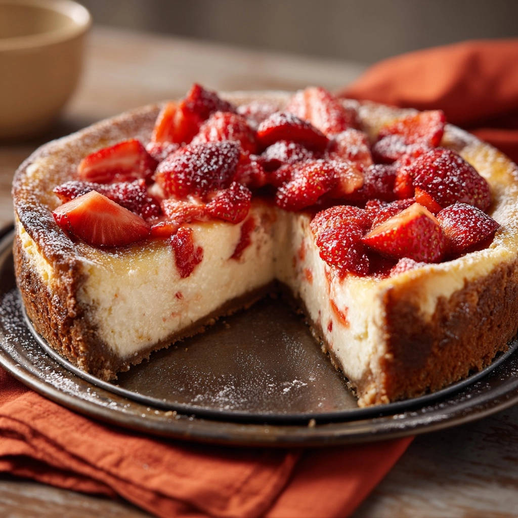 Cremiger Erdbeer-Käsekuchen angeschnitten, der saftige Erdbeeren und eine glatte Käsemasse im Inneren zeigt.