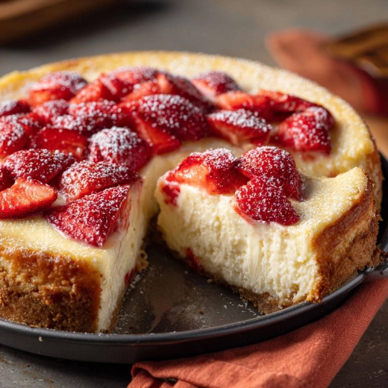 Cremiger Erdbeer-Käsekuchen mit frischen Erdbeeren, ein köstliches Dessert. Nahaufnahme zeigt den angeschnittenen Käsekuchen mit perfekter Textur und Topping.