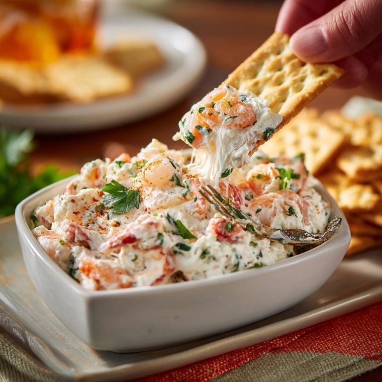Cremiger Garnelen-Käse-Dip auf einem Cracker, der aus der Schüssel gehoben wird, zeigt die cremige Textur. Ein köstlicher Snack für jede Party.