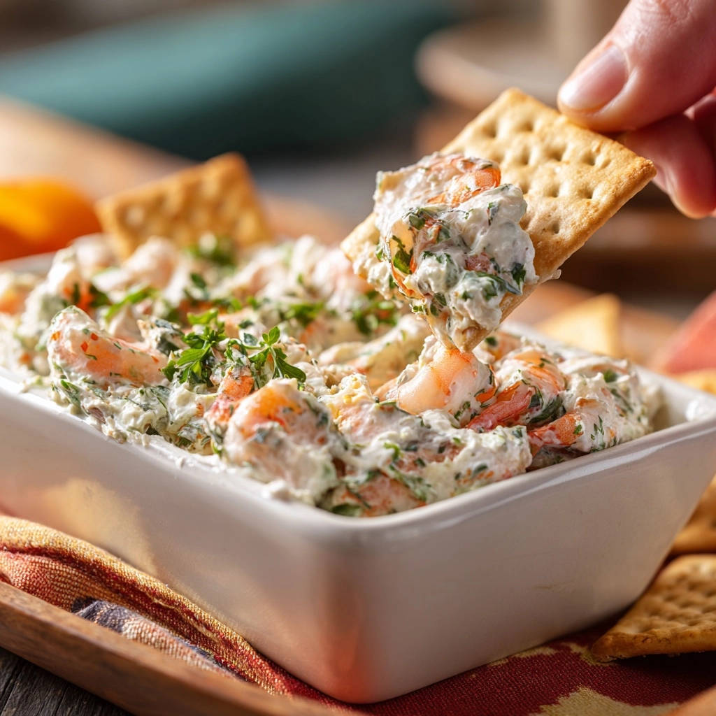 Cremiger Garnelen-Käse-Dip in einer Nahaufnahme, der auf einem Cracker serviert wird, mit frischen Garnelen und Kräutern.