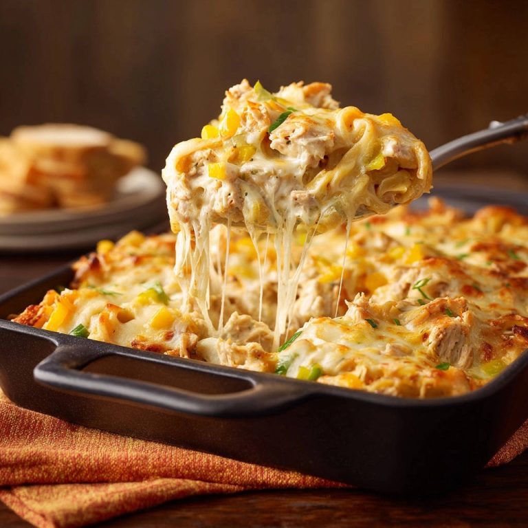 Cremiger Hähnchen-Nudelauflauf in Nahaufnahme: Geschmolzener Käse, der sich beim Abheben des Auflaufs von der Kelle zieht.
