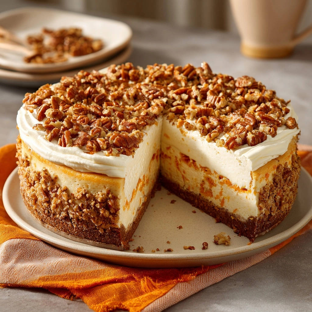 Cremiger Karottenkuchen-Cheesecake mit Pekannuss-Streuseln in Nahaufnahme, mit einem angeschnittenen Stück, das die cremige Textur zeigt.