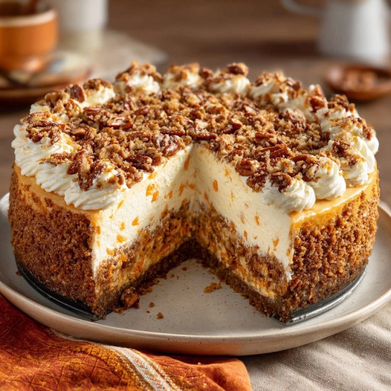 Cremiger Karottenkuchen-Cheesecake mit Pekannuss-Streuseln in Nahaufnahme, mit einem angeschnittenen Stück, das die cremige Textur zeigt.