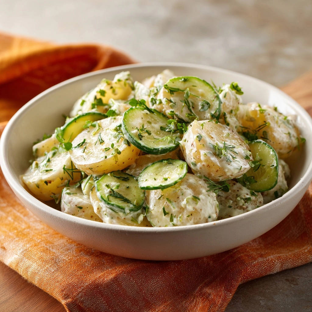 Cremiger Kartoffel Gurken Salat Draufsicht 1 Cremiger Kartoffel-Gurken-Salat in einer Schüssel aus der Vogelperspektive, garniert mit frischen Kräutern und Gurkenscheiben.