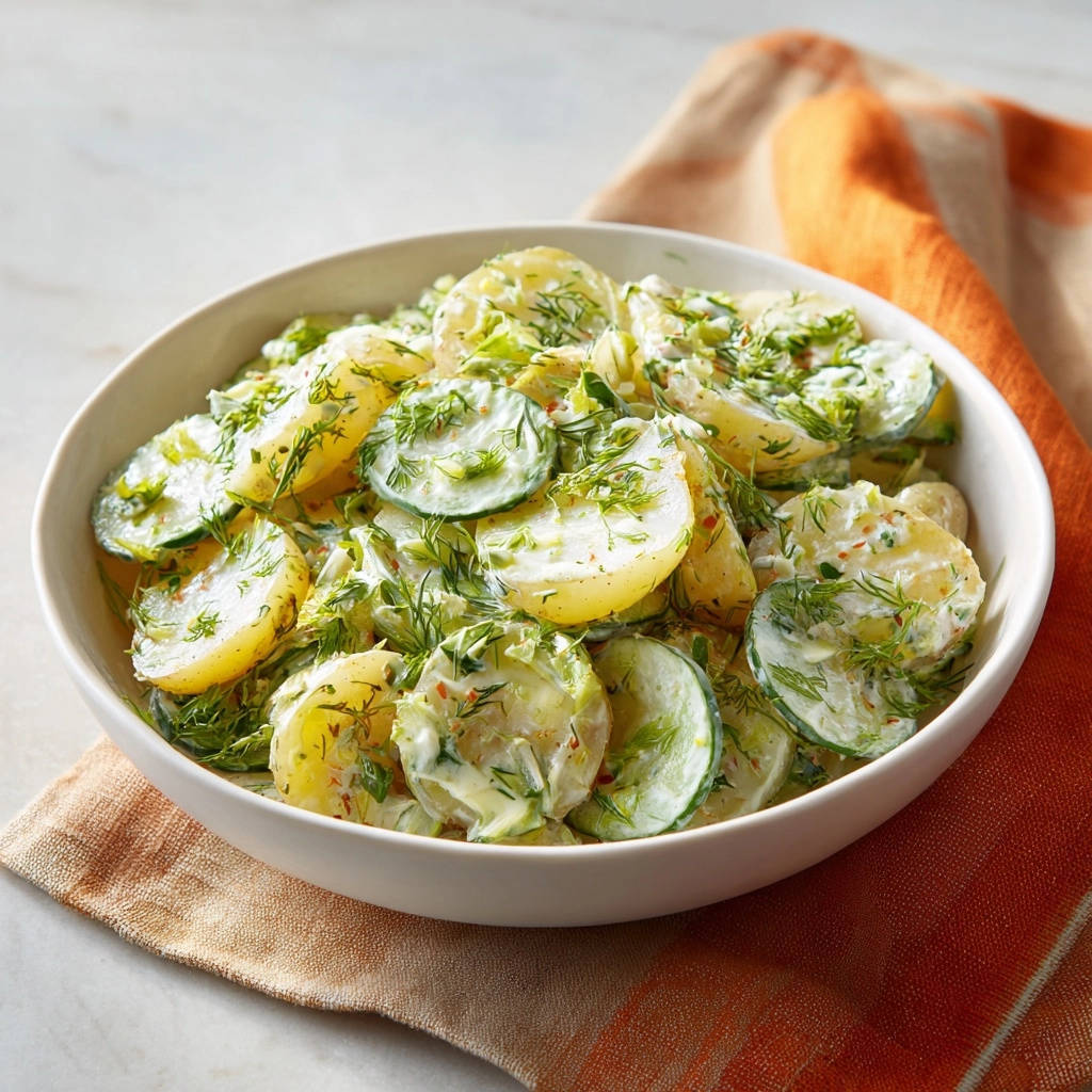 Cremiger Kartoffel-Gurken-Salat in einer Schüssel, garniert mit frischem Dill und gewürzt, serviert von oben.