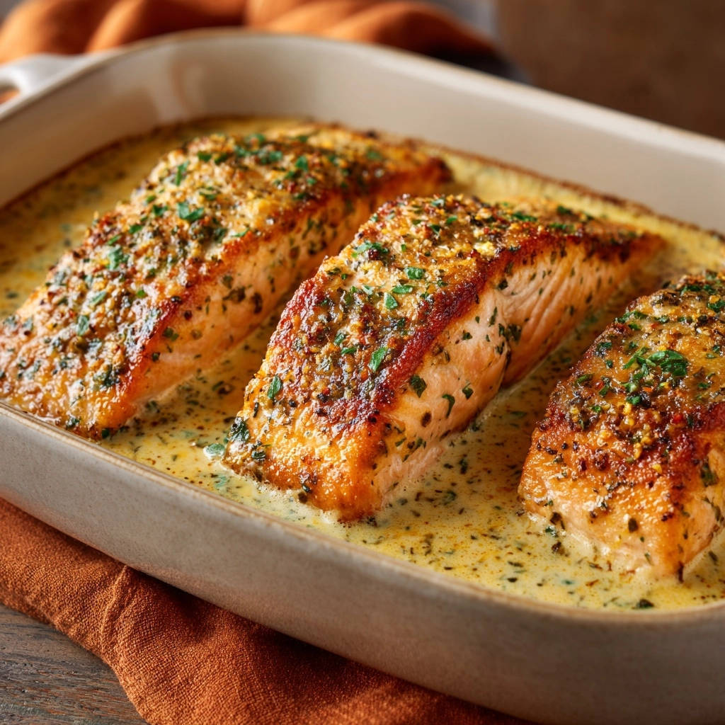 Cremiger Ofenlachs mit Dill in einer Auflaufform, eine Nahaufnahme des saftigen Fischs in cremiger Sauce. Die goldbraune Kruste ist mit frischen Kräutern bestreut.