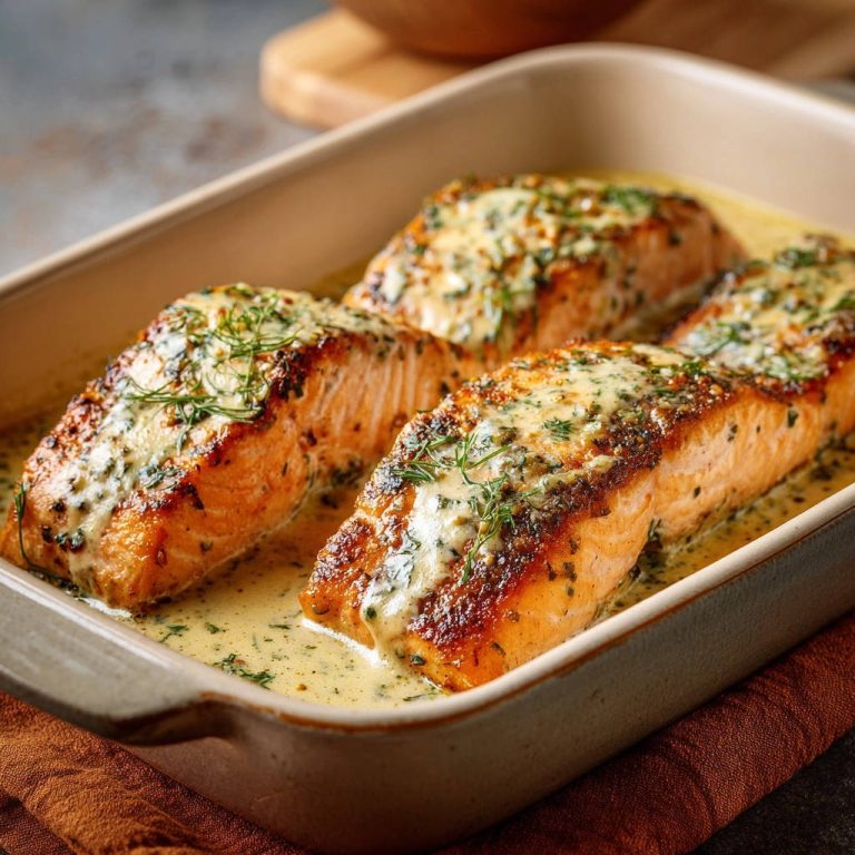 Cremiger Ofenlachs mit Dill in einer Auflaufform, mit cremiger Sauce bedeckt, in einer Nahaufnahme von oben. Das Gericht ist saftig und würzig.