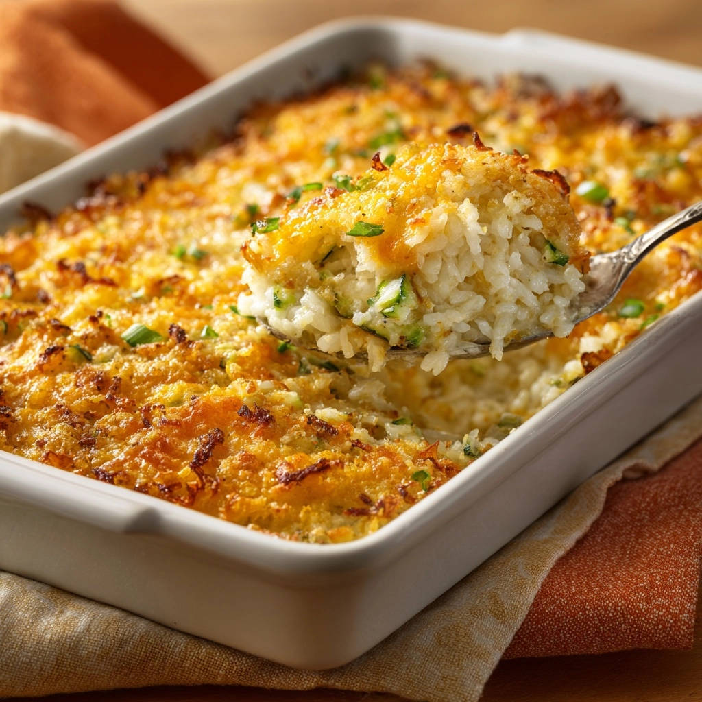 Cremiger Ofenreis Gratin Mit Zucchini Portion Auf Loeffel 1 Cremiger Ofenreis-Gratin mit Zucchini wird aus der Auflaufform gelöffelt, um die cremige Textur und knusprige Kruste zu zeigen.