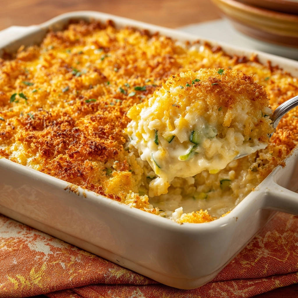 Cremiger Ofenreis-Gratin mit Zucchini wird von einem Löffel serviert, der die cremige Textur und knusprige Kruste zeigt.