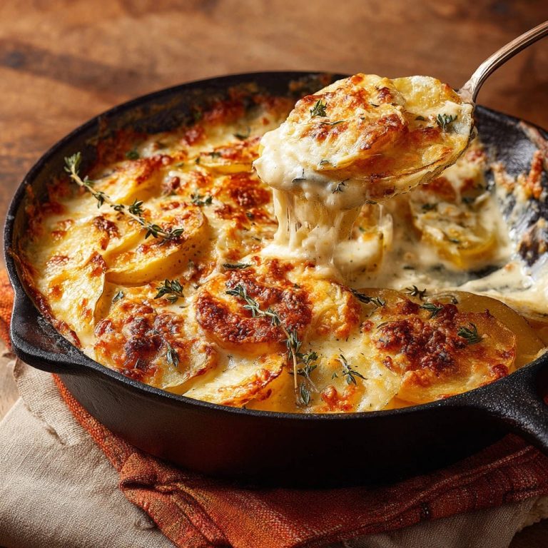 Cremiges Kartoffelgratin aus der Pfanne in Nahaufnahme mit geschmolzenem Käse, der sich von einer Servierkelle zieht. Das Gratin wird in einer gusseisernen Pfanne serviert.
