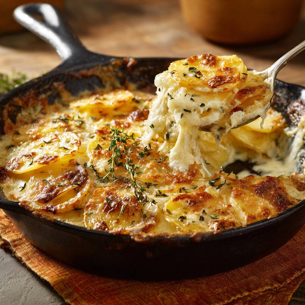 Cremiges Kartoffelgratin Aus Der Pfanne Portion Auf Loeffel 1 Cremiges Kartoffelgratin aus der Pfanne wird auf einem Löffel serviert, mit geschmolzenem Käse und frischen Kräutern.