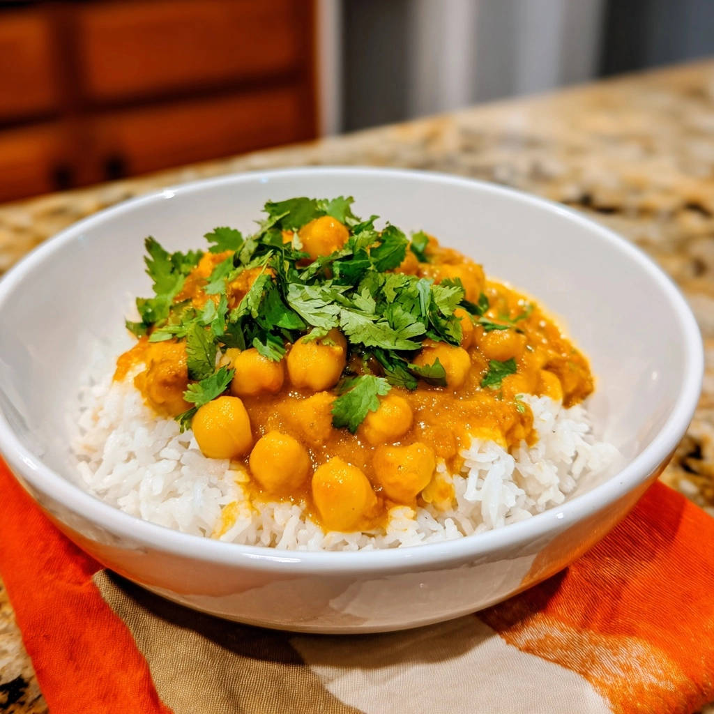 Cremiges Kichererbsen Curry Serviert 1 Cremiges Kichererbsen-Curry serviert in einer weißen Schüssel, garniert mit frischem Koriander, serviert auf fluffigem Reis.