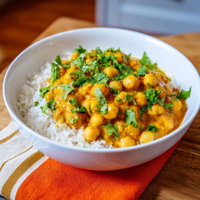 Cremiges Kichererbsen-Curry serviert in einer weißen Schüssel. Frische Kräuter garnieren das cremige Curry, das auf fluffigem Reis gebettet ist.