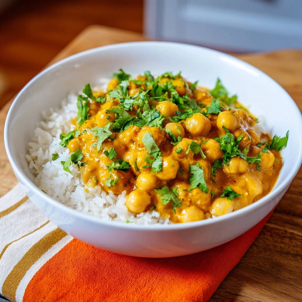 Cremiges Kichererbsen-Curry serviert in einer weißen Schüssel. Frische Kräuter garnieren das cremige Curry, das auf fluffigem Reis gebettet ist.
