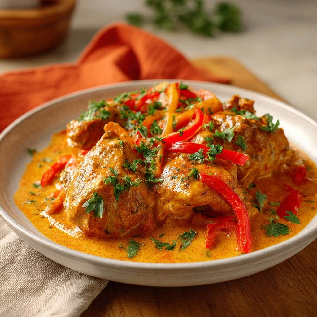 Cremiges Paprika Huhn Serviert Nahaufnahme 1 Cremiges Paprika-Hähnchen, serviert in einer cremigen Soße, garniert mit frischer Petersilie und Paprika, in einer Nahaufnahme.