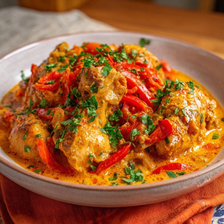 Cremiges Paprika-Hähnchen, serviert in einer Schüssel aus nächster Nähe, reich garniert mit frischer Petersilie und roten Paprikastreifen.