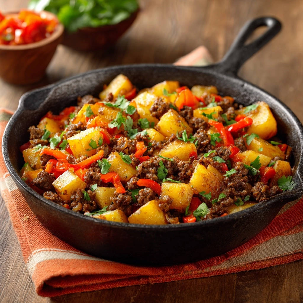 Deftige Hackfleisch Kartoffel Pfanne Draufsicht 1 Deftige Hackfleisch-Kartoffel-Pfanne in einer gusseisernen Pfanne, garniert mit frischer Petersilie und Paprika, serviert von oben.