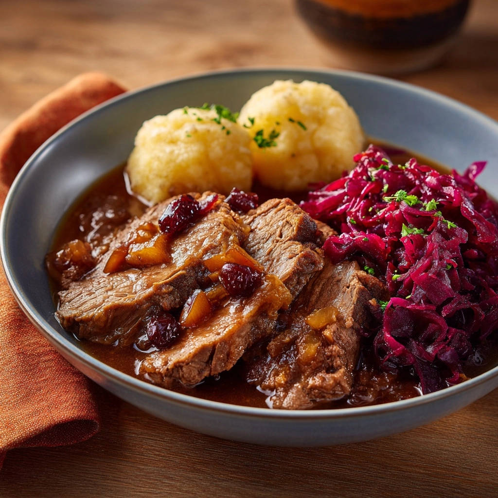 Deftiger Rinderbraten mit Rotkohl und Knödeln, serviert in einer tiefen Schüssel, mit zartem Fleisch, Rotkohl und Kartoffelknödeln.