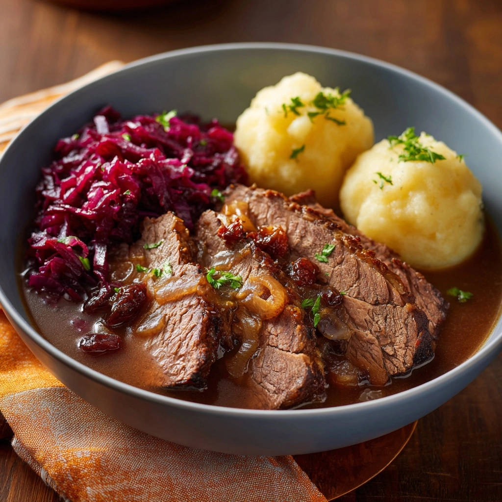 Deftiger Rinderbraten mit Rotkohl und Knödeln serviert in einer tiefen Schüssel, mit reichlich Soße und frischer Petersilie garniert.