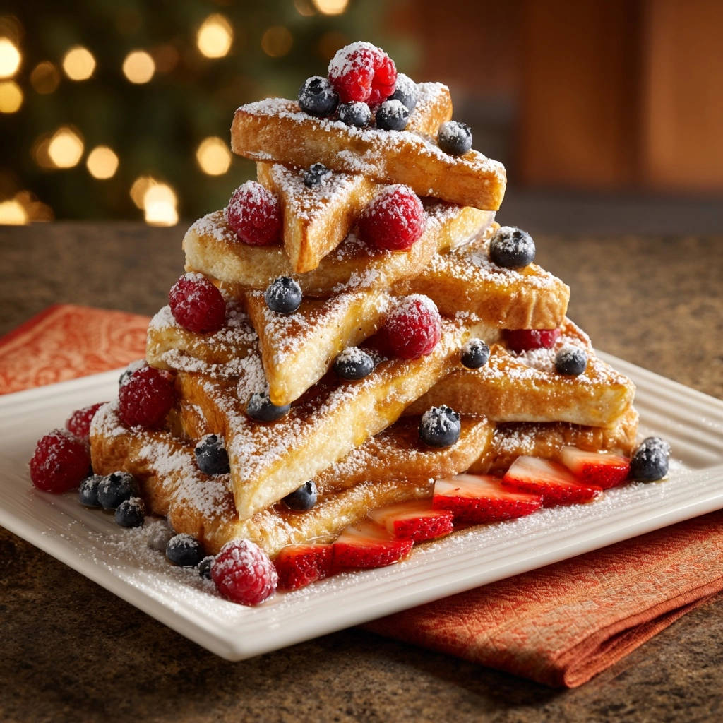Festlicher French Toast Baum Aufwendig Arrangiert 1 Festlicher French Toast Baum, liebevoll zu einem festlichen Baum arrangiert und mit Beeren und Puderzucker garniert. Perfekt für einen besonderen Brunch!