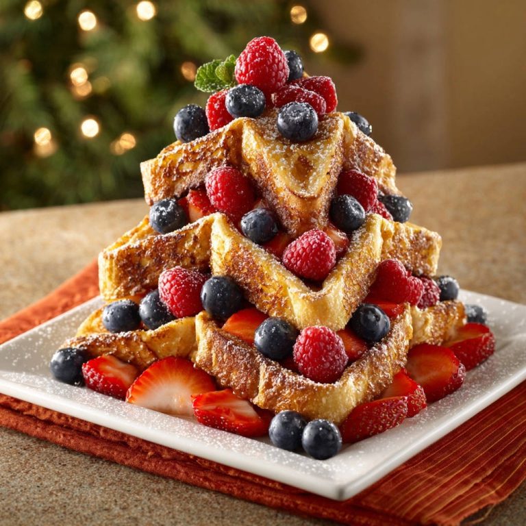 Festlicher French Toast Baum serviert mit frischen Beeren und Puderzucker auf einem weißen Teller, perfekt angerichtet für das Fest.