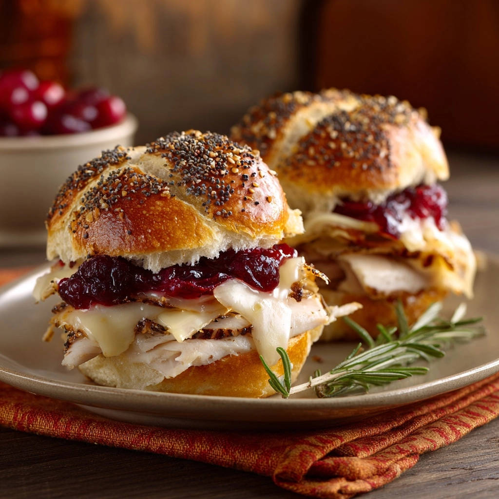 Festlicher Truthahn Sandwich Nahaufnahme Serviert 1 Festlicher Truthahn-Sandwich mit saftigem Truthahn, geschmolzenem Käse und Cranberry-Soße, serviert auf einem rustikalen Teller.