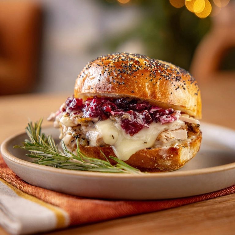 Festlicher Truthahn-Sandwich auf einem Teller serviert, mit geschmolzenem Käse und Cranberry-Sauce belegt, garniert mit Rosmarin.