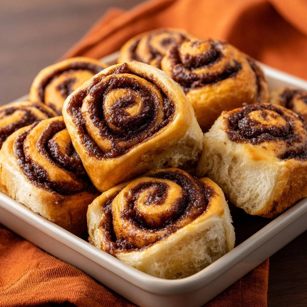 Flauschige Zimtschnecken Nahaufnahme Serviert 1 Flauschige Zimtschnecken in Nahaufnahme serviert, mit ihrer Spiralstruktur und dem Zimt-Zucker-Belag, appetitlich angerichtet in einer Auflaufform.