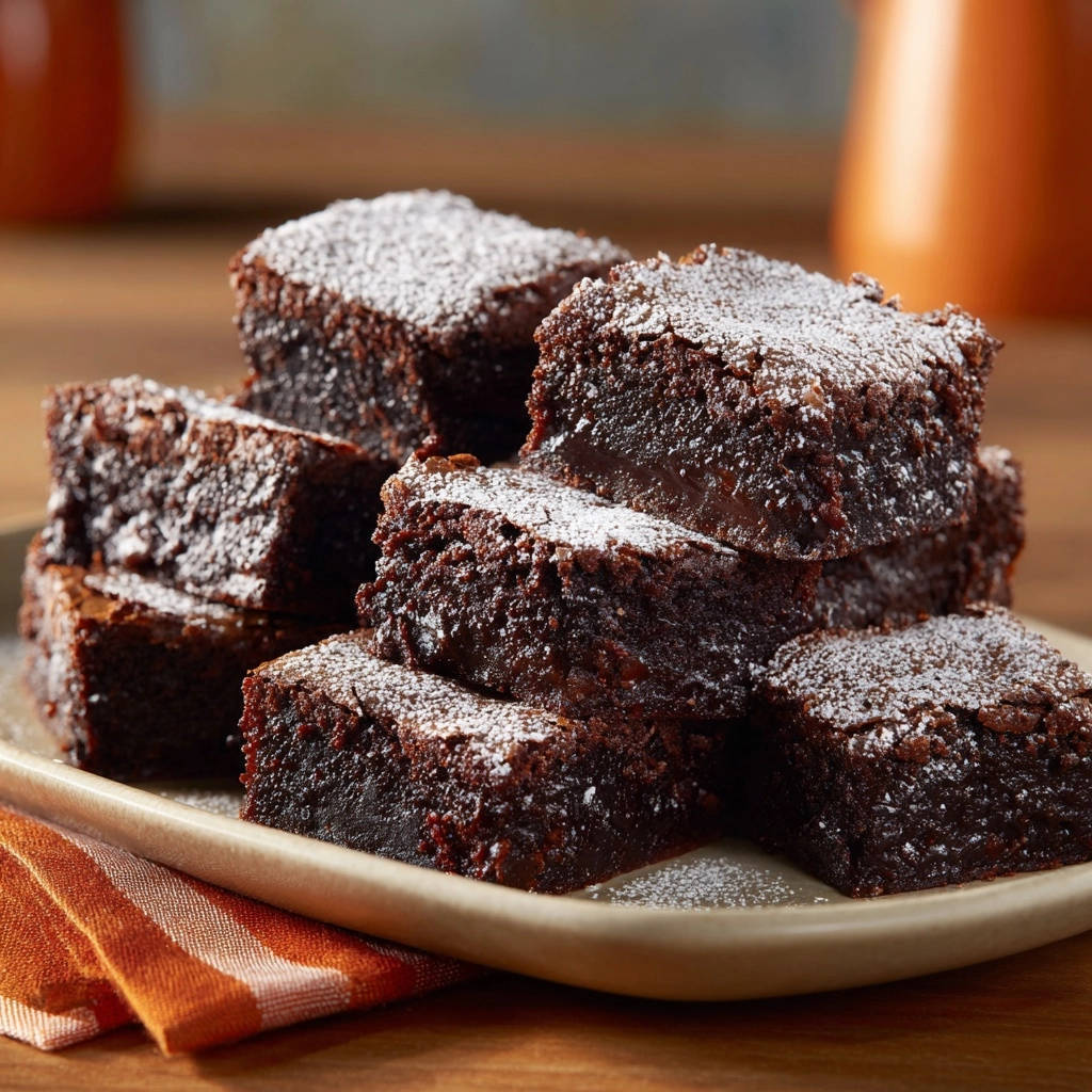 Fudgy Schoko Brownies Gestapelt Mit Puderzucker 1 2 Fudgy Schoko-Brownies, gestapelt und mit Puderzucker bestäubt, präsentieren ihre saftige Textur auf einem Teller.