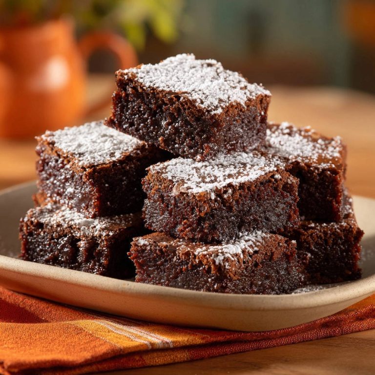 Fudgy Schoko-Brownies, gestapelt auf einem Teller, werden mit Puderzucker bestäubt, was eine verführerische Textur erzeugt.