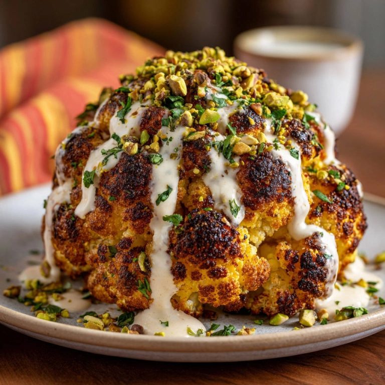 Ganzer Ofen-Blumenkohl mit Tahini-Dressing, serviert auf einem Teller, mit Pistazien garniert und von oben fotografiert.