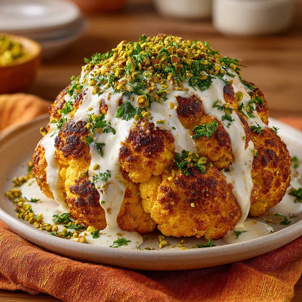Ganzer Ofen Blumenkohl Mit Tahini Draufsicht Serviert 1 Ganzer Ofen-Blumenkohl mit Tahini-Dressing und Pistazien, serviert auf einem Teller, mit knuspriger Kruste und cremiger Sauce.