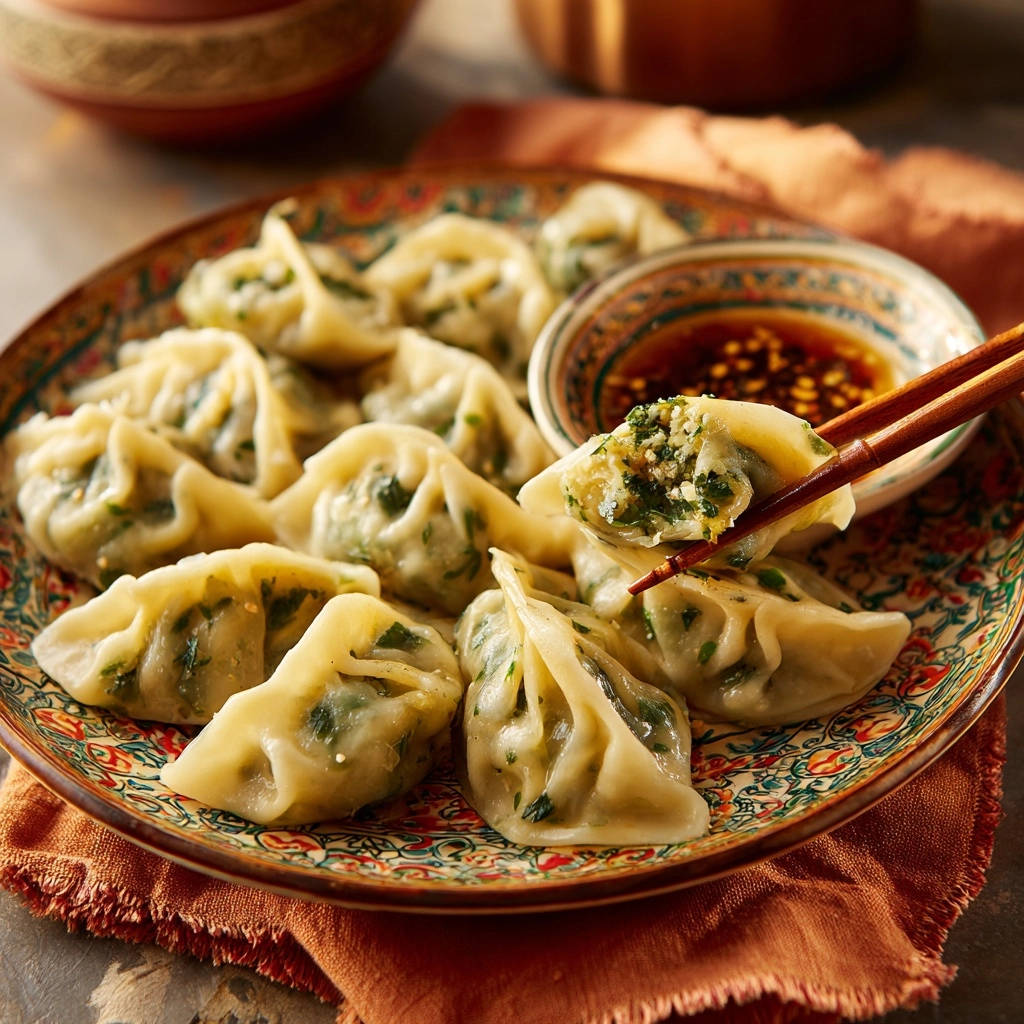 Gedampfte Gemuse Dumplings Mit Chili Dip Querschnitt 1 Gedämpfte Gemüse-Dumplings mit Chili-Dip, die mit Stäbchen serviert werden, zeigen einen appetitlichen Querschnitt der Füllung.