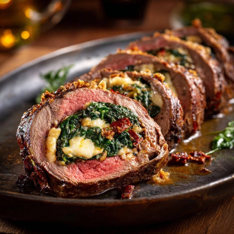 Gefüllter Rinderbraten mit Spinat und Käse zeigt einen saftigen Querschnitt, gefüllt mit Spinat, Käse und sonnengetrockneten Tomaten.