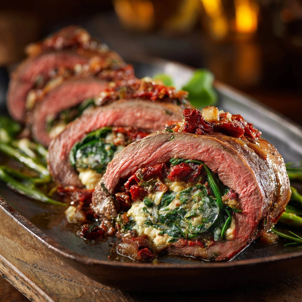 Gefuellter Rinderbraten Spinat Kaese Querschnitt 1 Gefüllter Rinderbraten mit Spinat und Käse zeigt einen köstlichen Querschnitt mit saftigem Fleisch und cremiger Füllung.