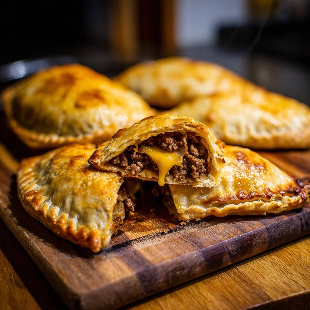 Goldbraune Hackfleisch-Taschen im Nahaufnahme. Eine der goldbraunen Taschen ist angeschnitten und zeigt die saftige Hackfleischfüllung mit geschmolzenem Käse.