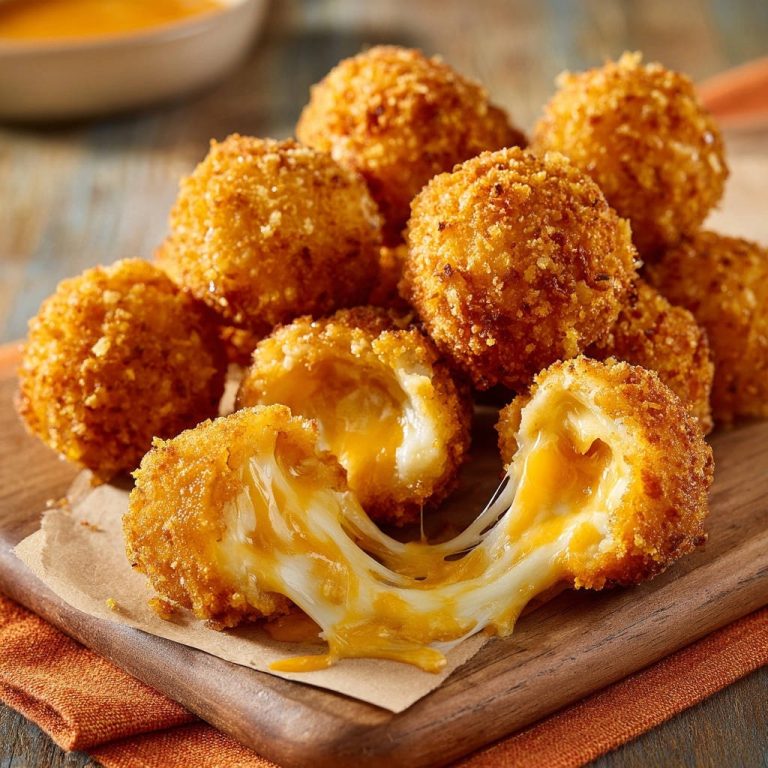 Goldbraune Käsebällchen mit einem Querschnitt, der den geschmolzenen Käse zeigt, der verführerisch herausfließt und zum Genuss einlädt.