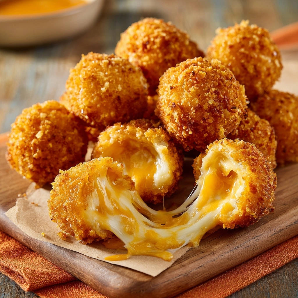 Goldbraune Käsebällchen mit einem Querschnitt, der den geschmolzenen Käse zeigt, der verführerisch herausfließt und zum Genuss einlädt.
