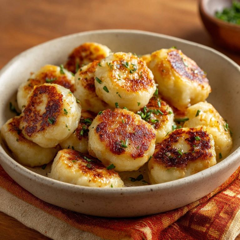 Goldbraune Kartoffelklößchen in einer Schüssel serviert, mit frischen Kräutern garniert, zeigen eine appetitliche Textur und Bräunung.