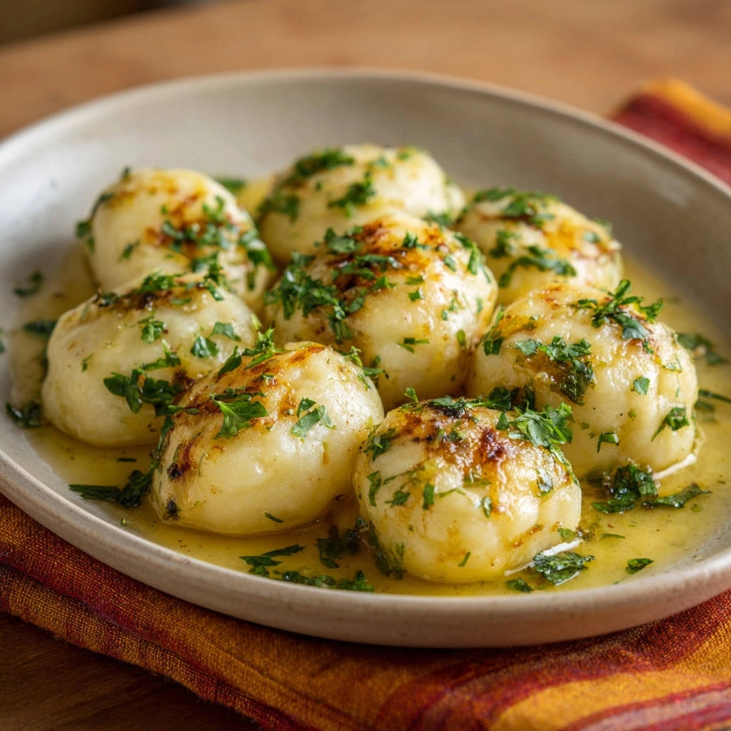 Goldbraune Kartoffelknödel in Knoblauchbutter, serviert in einer cremigen Soße, garniert mit frischer Petersilie, bereit zum Genießen.