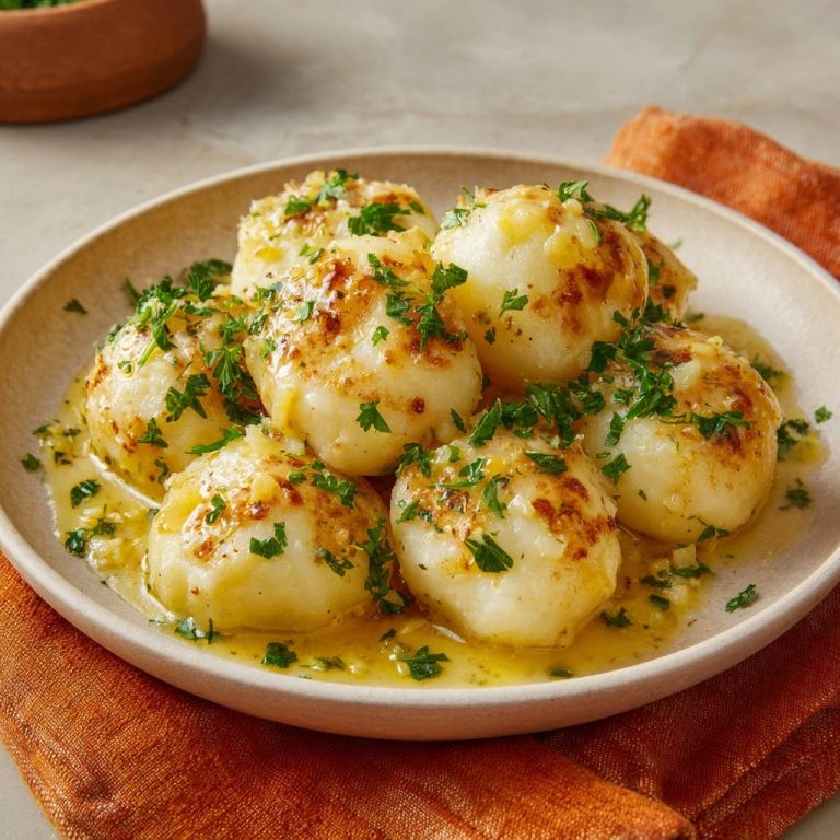 Goldbraune Kartoffelknödel in Knoblauchbutter, serviert auf einem hellen Teller, garniert mit frischer Petersilie und in einer köstlichen Knoblauchbutter-Soße.
