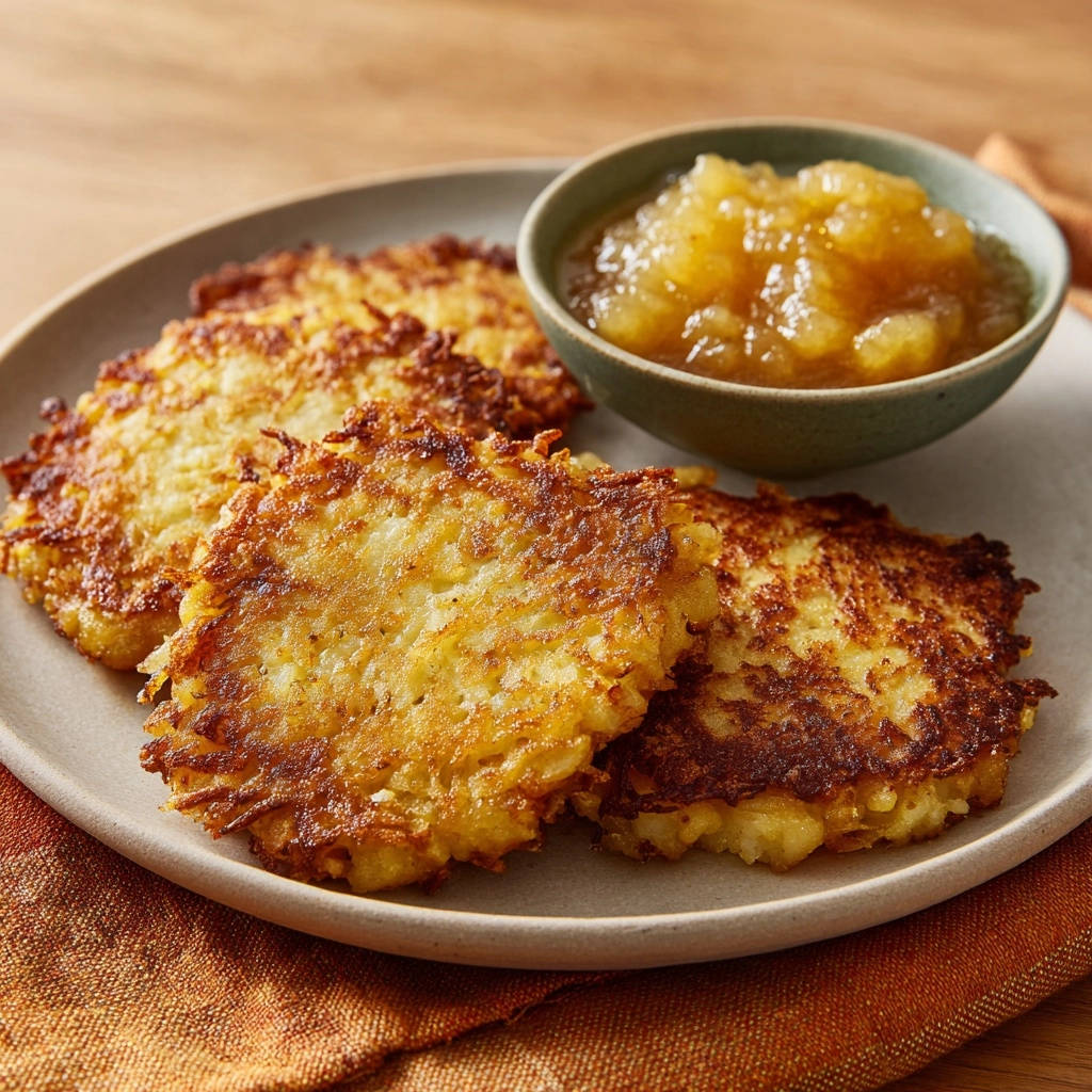 Goldbraune Kartoffelpuffer Serviert Mit Apfelmus 1 Goldbraune Kartoffelpuffer serviert auf einem Teller neben einer Schüssel mit hausgemachtem Apfelmus, perfekt für ein herzhaftes Frühstück.