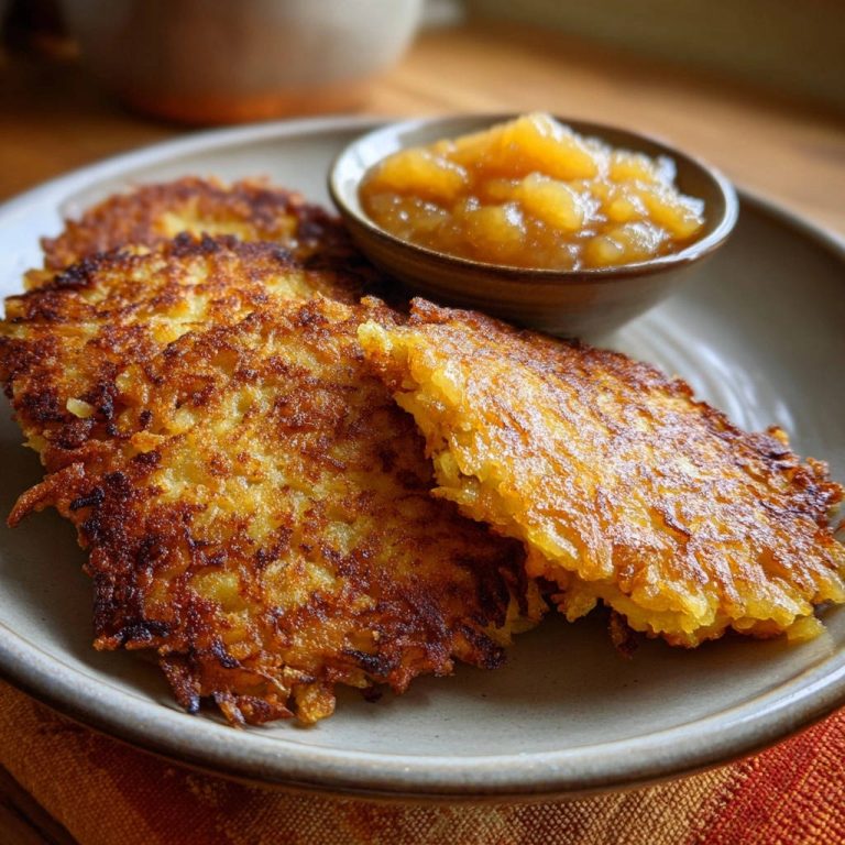 Goldbraune Kartoffelpuffer serviert auf einem Teller mit einer Portion Apfelmus, perfekt gebraten und goldbraun.