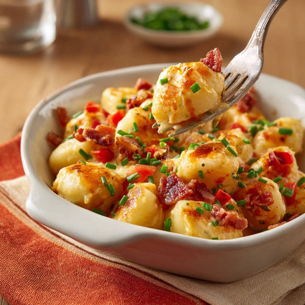 Goldbraune Pfannen Gnocchi Mit Kaesesauce Auf Gabel 1 Goldbraune Pfannen-Gnocchi mit cremiger Käsesauce, serviert auf einer Gabel, bereit zum Genießen. Knusprig und zart, mit köstlichen Zutaten.