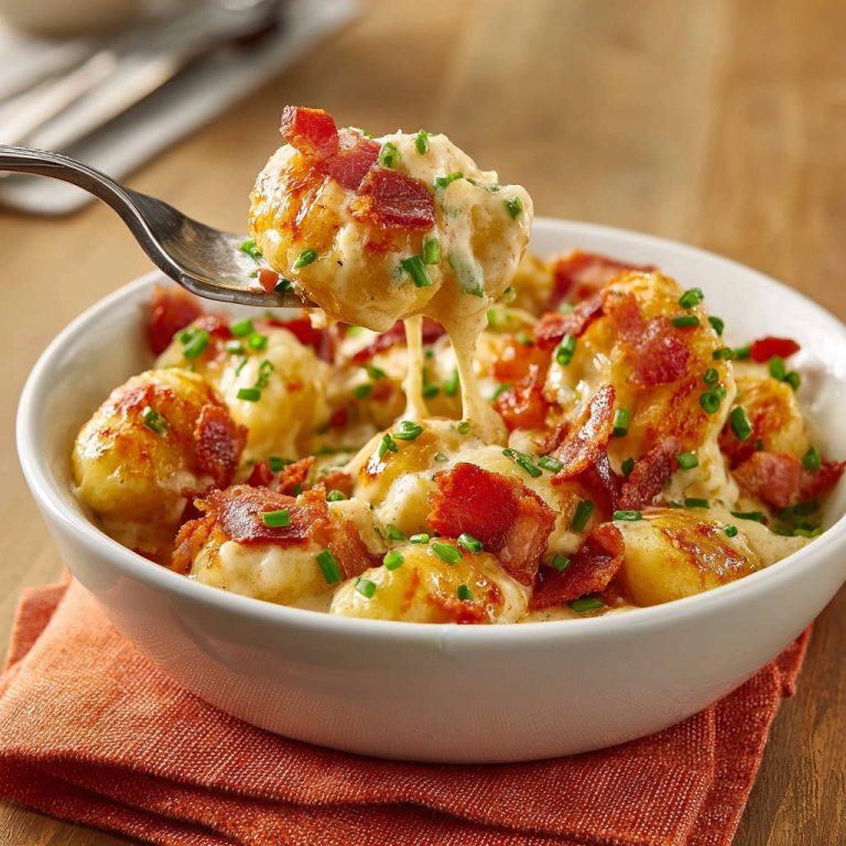 Goldbraune Pfannen-Gnocchi mit Cremiger Käsesauce in einer Schüssel, die auf einer Gabel serviert werden, mit knusprigem Speck.