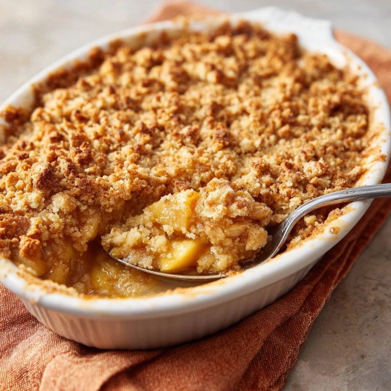 Goldbrauner Apfel-Crumble mit einem Löffel, der einen saftigen Querschnitt des knusprigen Desserts zeigt.