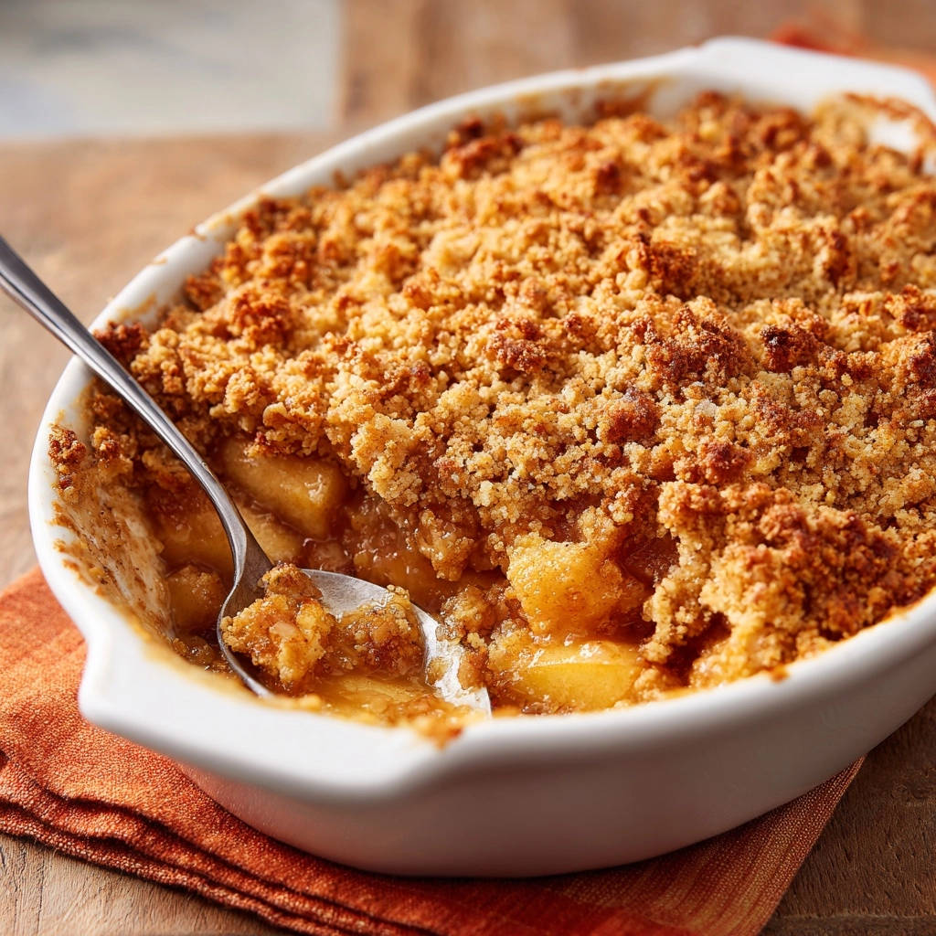 Goldbrauner Apfel-Crumble: Nahaufnahme eines warmen Apfel-Crumble mit knusprigem Streuseln, serviert in einer Auflaufform.