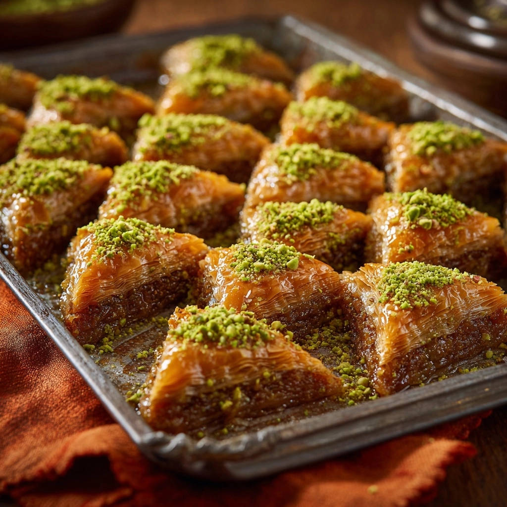Goldene Pistazien Baklava Draufsicht 1 Goldene Pistazien-Baklava von oben: Die knusprigen Schichten des traditionellen türkischen Gebäcks sind mit Pistazien bestreut.